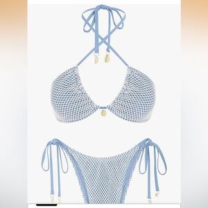 🚘 🆕 Zaful Light Blue and Blue White Crochet Halter Bikini Top with shells on tie